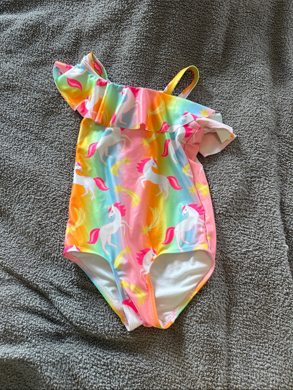 Girls Unicorn One-Shoulder Ruffle Swimsuit - Rainbow Pink